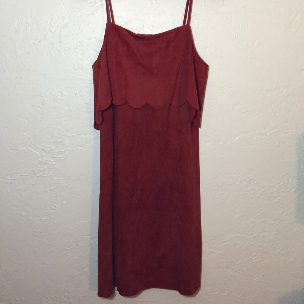 Soprano Scarlet Scalloped Faux Suede Strap Dress